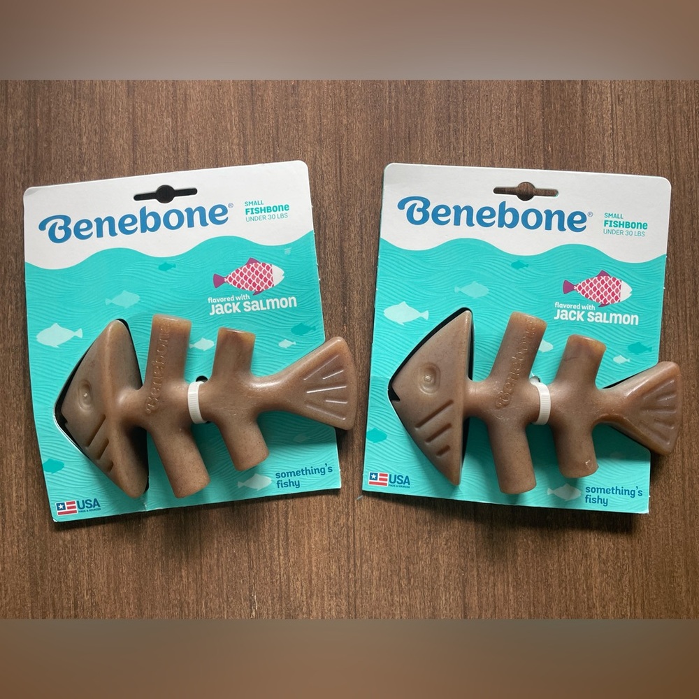 Two Benebone Fishbone Durable Dog Chew Toy for Aggressive Chewers - real salmon